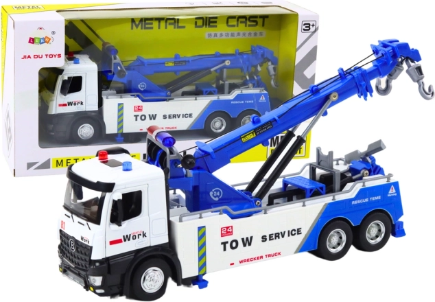 Metallischer Autokran mit zwei Haken in Weiß-Blau mit Lichtern und Geräuschen