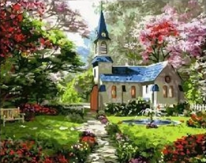 Norimpex Diamantmalerei Kirche im Frühlingsgarten 30 × 40 cm
