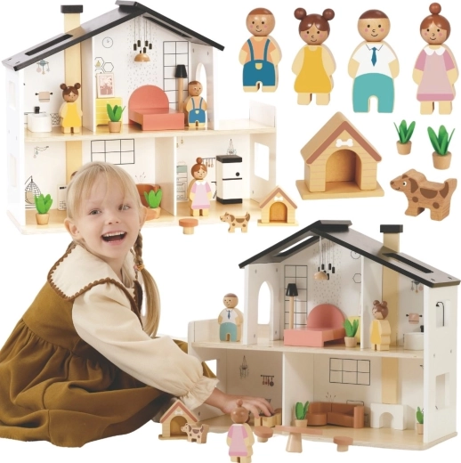 Tooky Toy Holzpuppenhaus mit Zubehör und Familie (20 Teile)