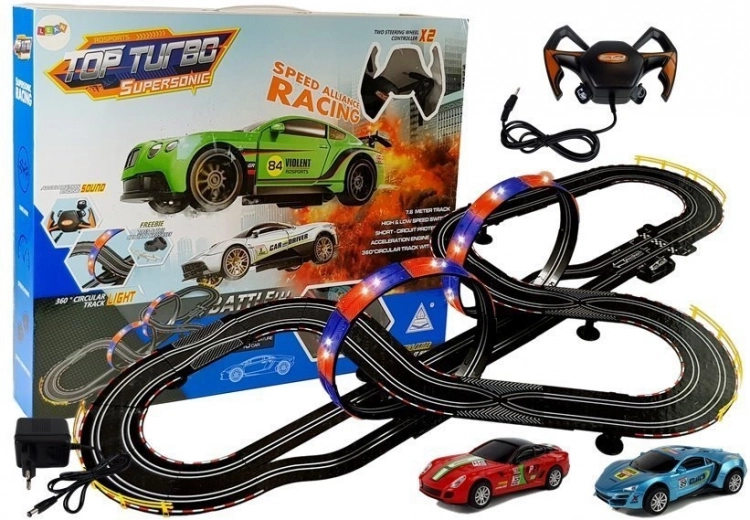 Rennbahn 1:43 mit 2 Autos Top Turbo mit Lichtern, Länge 7,6 m