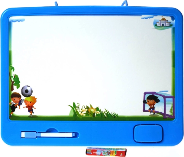 Beidseitige Wandtafel mit Kreide und Filzstift, blau