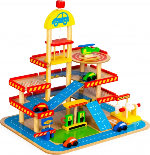 Große Holzgarage mit Aufzug und Autos von Ecotoys