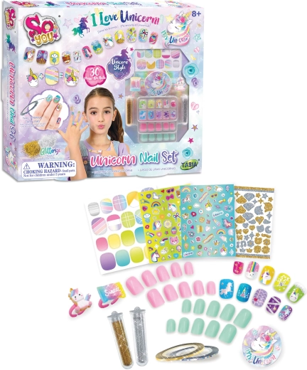 Tasia Set mit 30 selbstklebenden Nägeln mit Einhorn und Glitzer