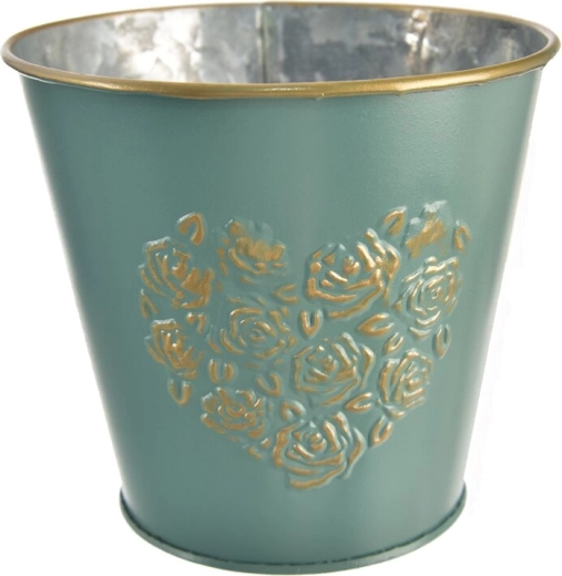 Dekorativer Blech-Blumentopf in Herzform, grün-gold, 14 × 14 × 15 cm