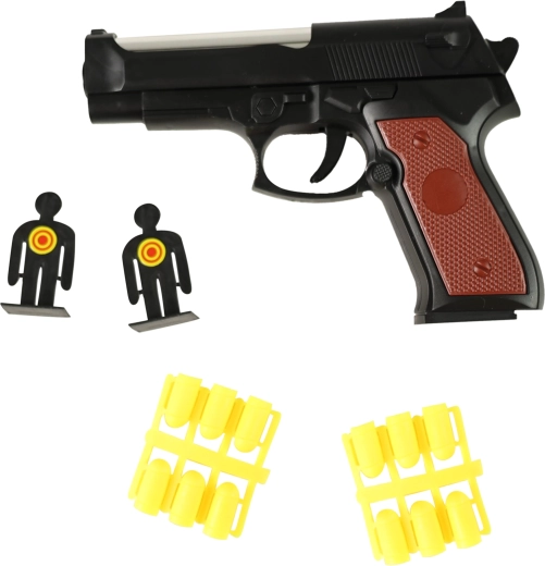 Plastikpistole mit Gummimunition und lustigen Zielen