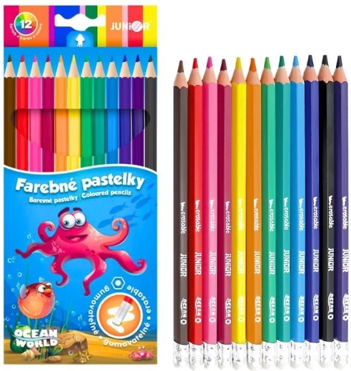 Radierbare sechseckige Buntstifte Junior Ocean World, Set 12 Stk.