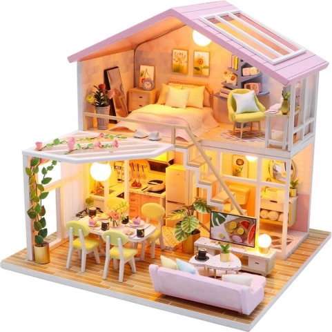 Miniatur-Puppenhaus Haus der ruhigen Momente mit LED-Beleuchtung
