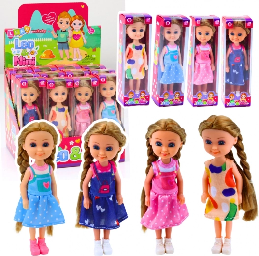 Mini-Puppe mit langen Haaren im Kleid, 15 cm