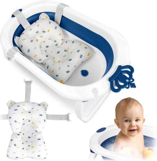 Faltbare Babybadewanne mit Neugeboreneneinlage, weiß‑blau