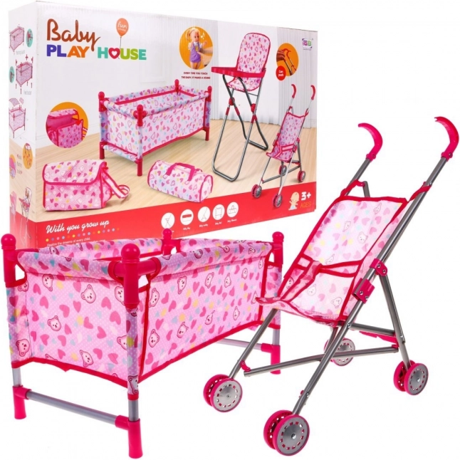 Zubehörset für Puppen für Kinder ab 3 Jahren: Babybetreuung mit Kinderwagen, Hochstuhl, Bettchen und 2 Taschen