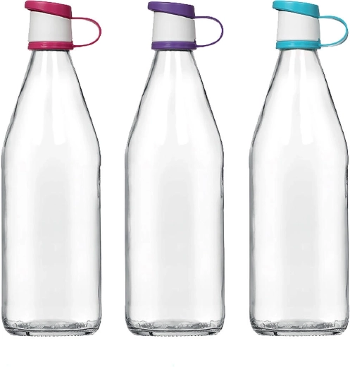 Glasflasche 1 l mit Kunststoffdeckel, Farbmix