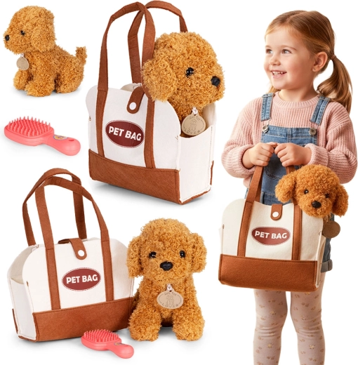 Plüschhund in Tasche mit Bürste – brauner Pudel für Kinder