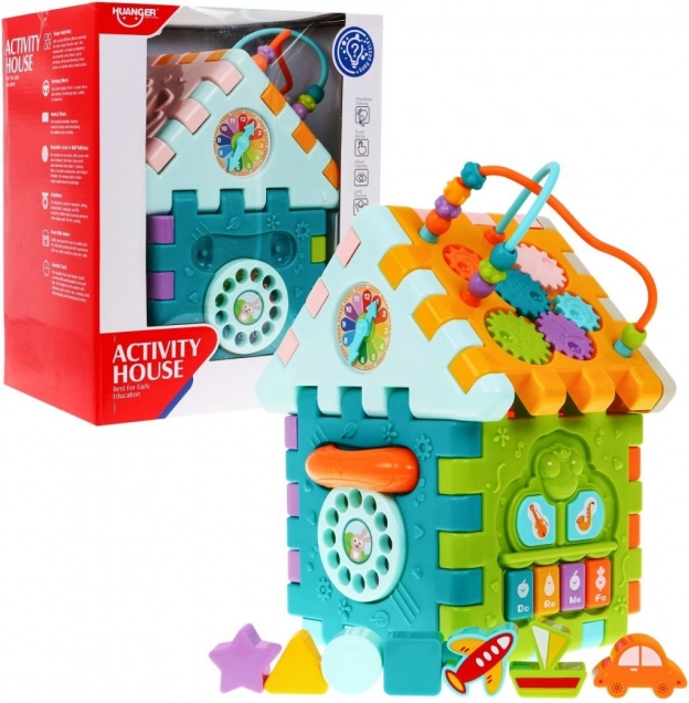 Faltbares sensomotorisches Multihäuschen für Kinder 18M+ mit Mini-Spielen, 9 Puzzles, Formensortierer, Fädelspiel und Uhr