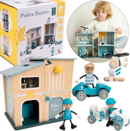 Classic World Holz-Polizeistation mit Autos, Helikopter und Figuren