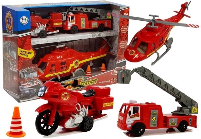 Feuerwehr-Fahrzeugset mit Hubschrauber, Feuerwehrauto und Motorrad mit Licht und Sound