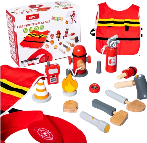 Kinder Feuerwehrset mit Kostüm und Holzzubehör