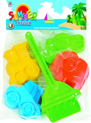 Set aus Sandförmchen mit Schaufel und Harke