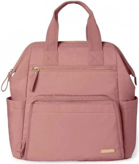 Stilvoller rosafarbener Wickelrucksack für moderne Eltern