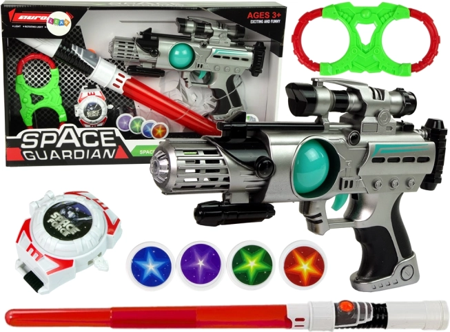 Set von Weltraumwaffen Space Guardian mit Laserpistole und Schwert