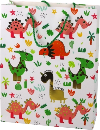 Papiertüte Geschenk bunte Dinosaurier und Palmen 32 × 26 × 10 cm