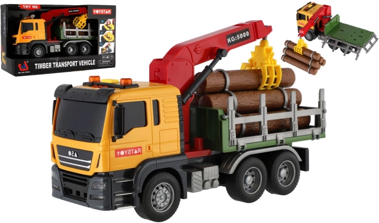 Holztransporter mit Holz, Kran, Licht und Ton, 26 cm