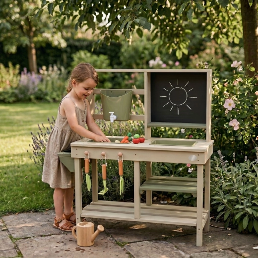 Kreidetafel und Gartenwerkzeug im Lieferumfang
