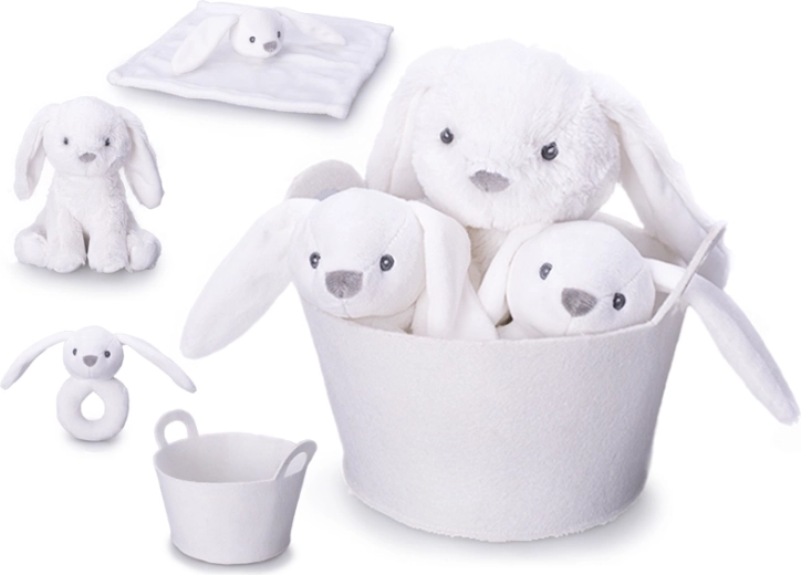 Geschenkset für Babys – weißes Plüschhäschen 20 cm, Rassel und Schmusetuch in weichem Körbchen