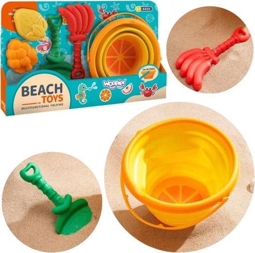 Woopie Strand-Set für Sand – Tropische Früchte mit faltbarem Eimer, Schaufel, Harke und Förmchen