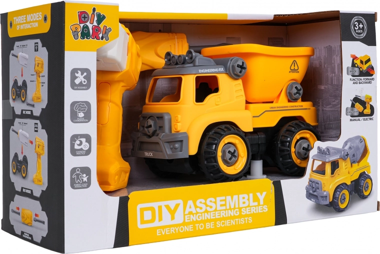 zerlegbarer Baustellenkipper mit Bohrer und Schraubendreher