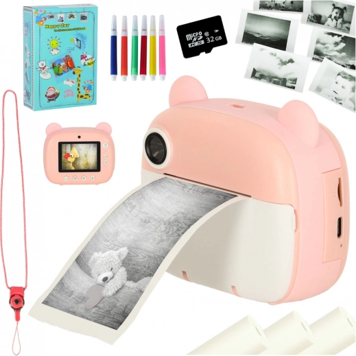 Kinder-Sofortbildkamera mit Thermodrucker – rosa Teddybär, 32-GB-Karte