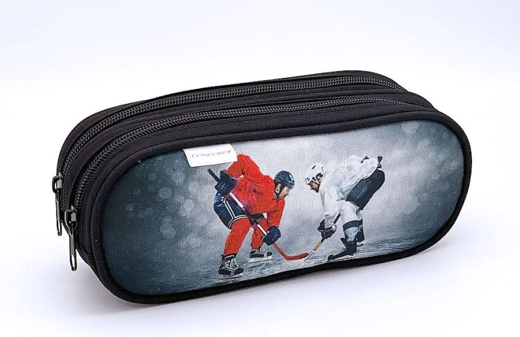 Etui mit Eishockey-Motiv, 2 Reißverschlüsse, grau