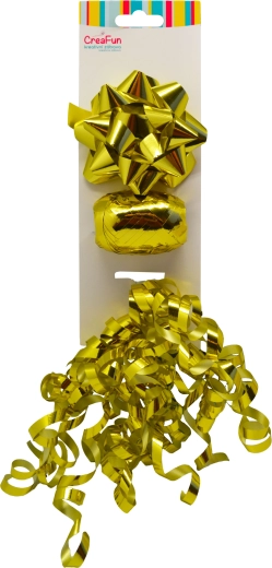 Geschenkset in Metallic-Gold – Schleife 9 cm, Band 10 m, Minischleife 6 mm (3 Stk.)