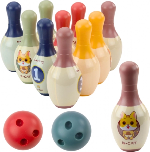 Kinder-Bowlingset mit Kätzchen – 10 Kegel und 2 bunte Kugeln