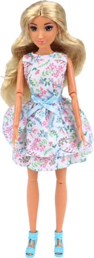 Blumenkleid und lange blonde Haare