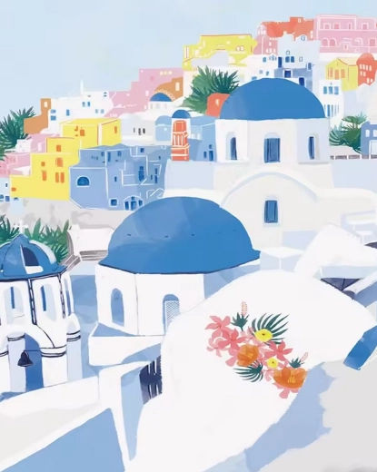Diamantmalerei Blaue Dächer in Santorini 30 × 40 cm