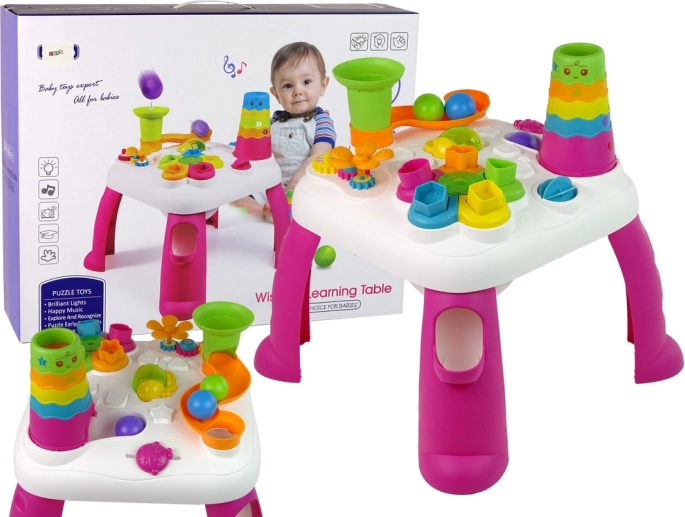 Interaktiver Lernspieltisch für Kinder mit Murmelrutsche und Formen – rosa