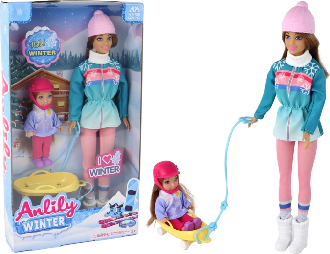 ANLILY Mama und Tochter auf dem Schlitten – Winter-Puppenset mit Schlitten