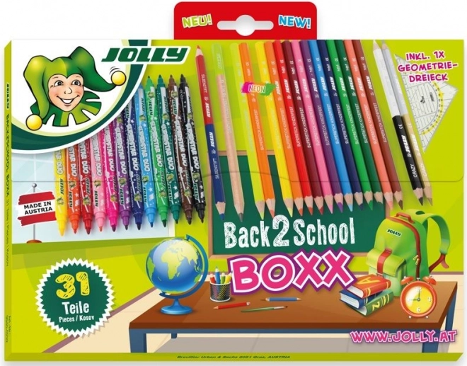 Set aus Buntstiften und Filzstiften – zurück zur Schule, 31 Teile