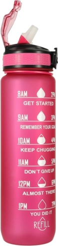 Tritan-Wasserflasche 1 l mit Strohhalm und Motivationsmarkierungen – Rosa