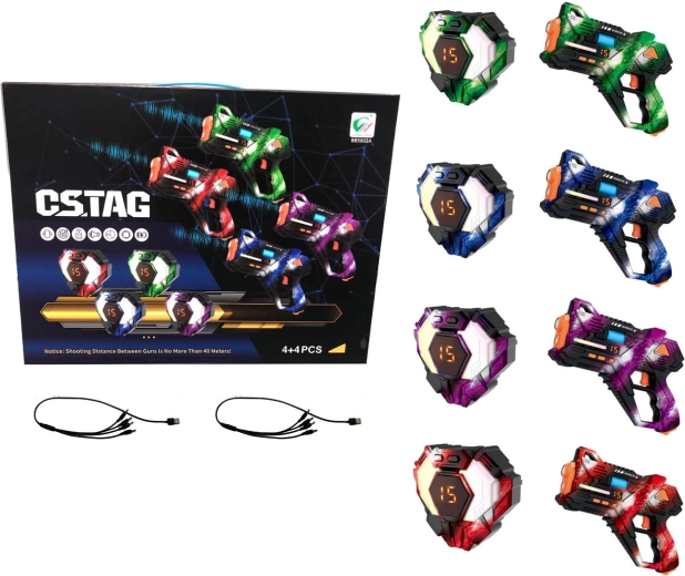 Set aus Laser-Pistolen mit Westen und Zielscheiben