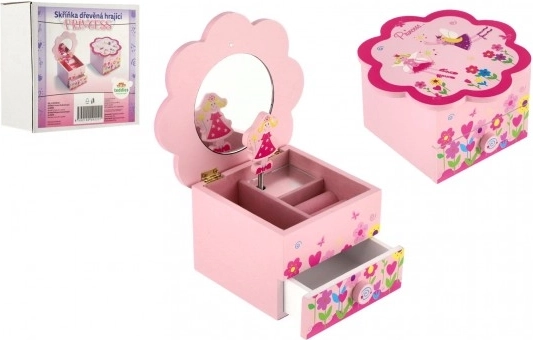 Kinderschmuckkästchen mit Blume und Spiegel – aus Holz, mit Musik, rosa