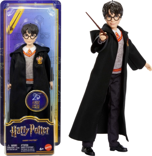 Harry-Potter-Puppe in Hogwarts-Umhang mit Zauberstab