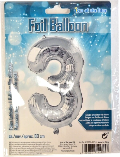 Silberner Folienballon Zahl 3, 80 cm