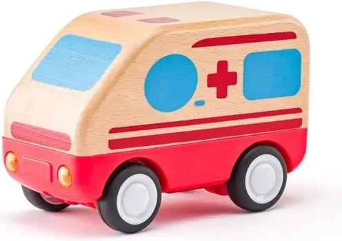 Woody Holz-Rettungswagen mit Schwungradantrieb, Licht und Sound