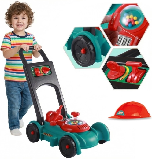 Woopie Kinder-Rasenmäher mit Geräuschen, Helm und Kanister