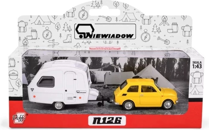 Fiat 126p mit gelbem Wohnwagenanhänger Niewiadów (1:43)