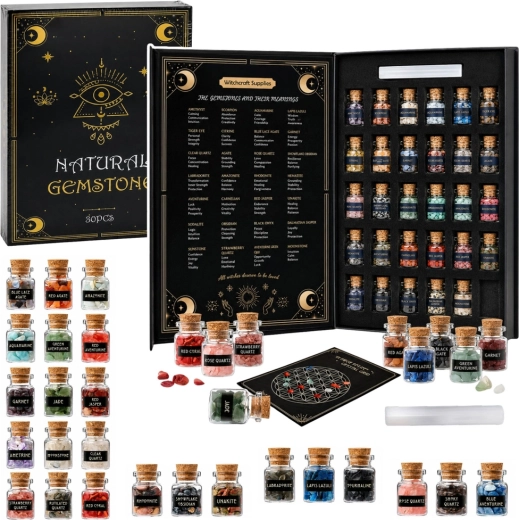 Set natürlicher Mineralien und Kristalle in Glasfläschchen im Geschenk-Buch – 30 Stück