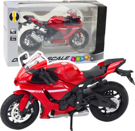Roter Sportmotorrad aus Metall mit Beleuchtung und Geräuschen R1 1:12