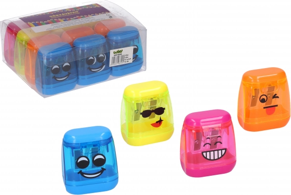 Spitzer für zwei Stifte mit Auffangbehälter – Smiley, transparent