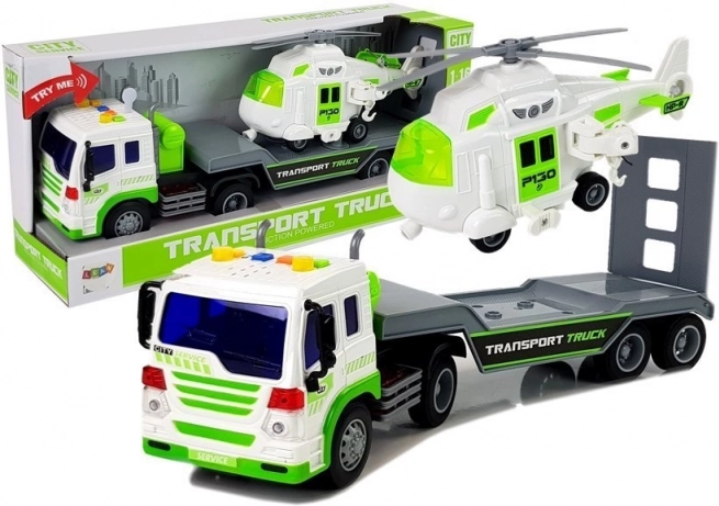 Lastwagen mit Transportplattform und Hubschrauber 1:16 mit Batterien